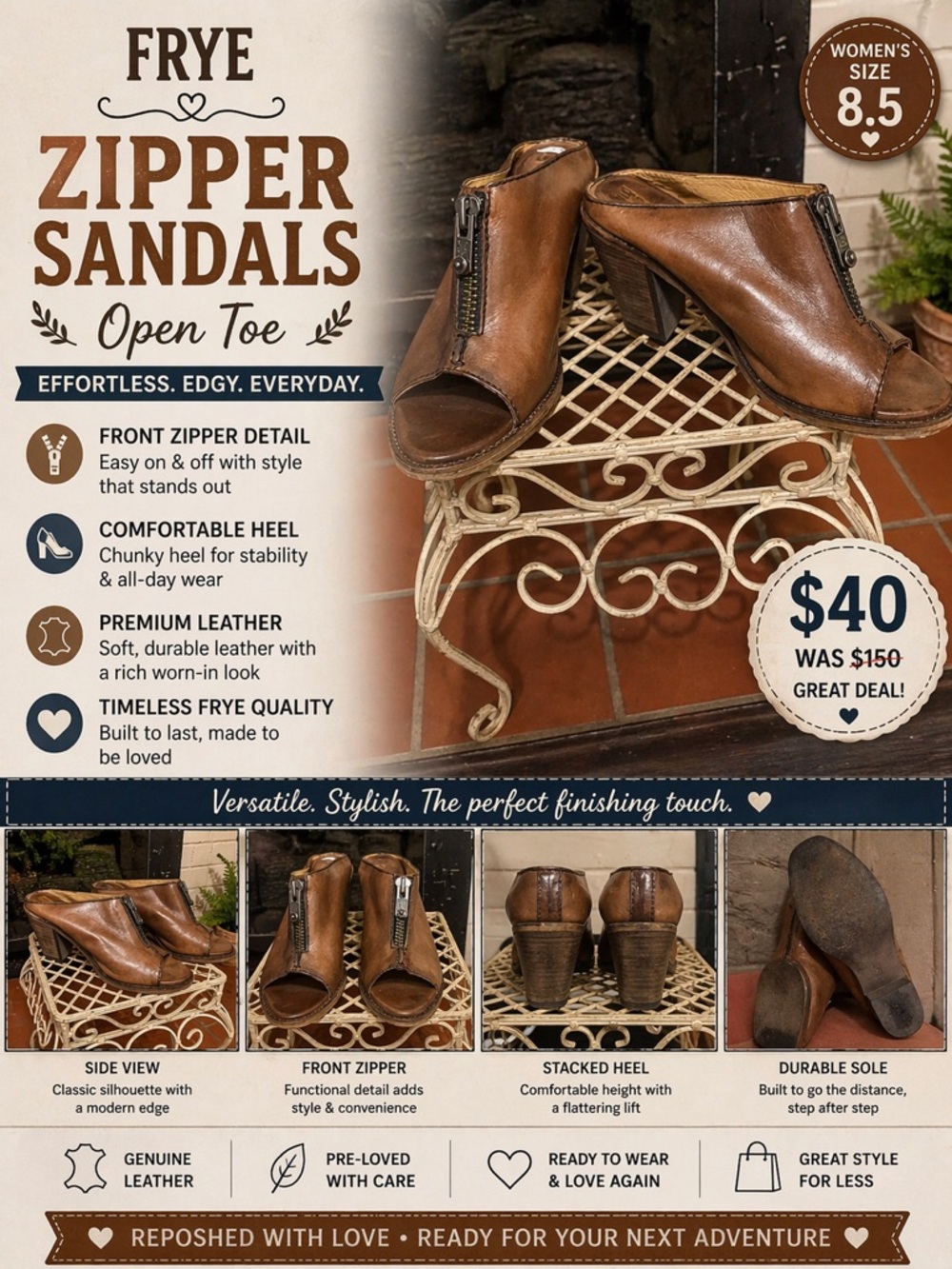 Frye sandals with zipper, open toe